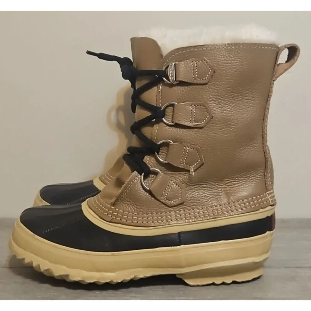 SOREL Unisex Caribou Snow Boots Made In Canada Brown Black‎ Women's Size 6
